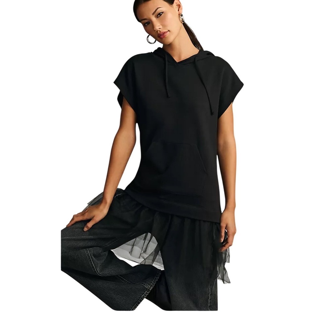 PILCRO By Anthropologie Tulle Short-SleeveHooded Sweatshirt, Black, Size Small